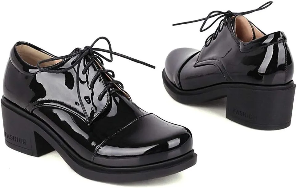 KOKOMOMO Womens Patent Leather Platform Oxfords Chunky Lace Up Pumps