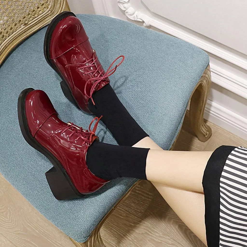 KOKOMOMO Womens Patent Leather Platform Oxfords Chunky Lace Up Pumps