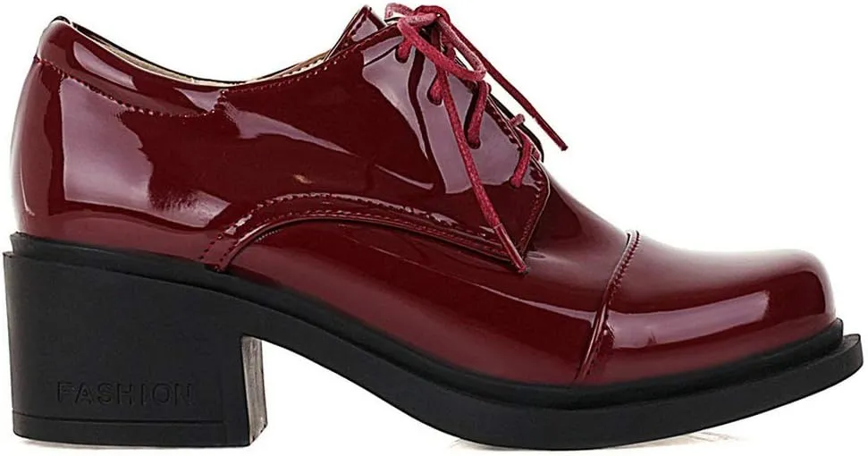KOKOMOMO Womens Patent Leather Platform Oxfords Chunky Lace Up Pumps
