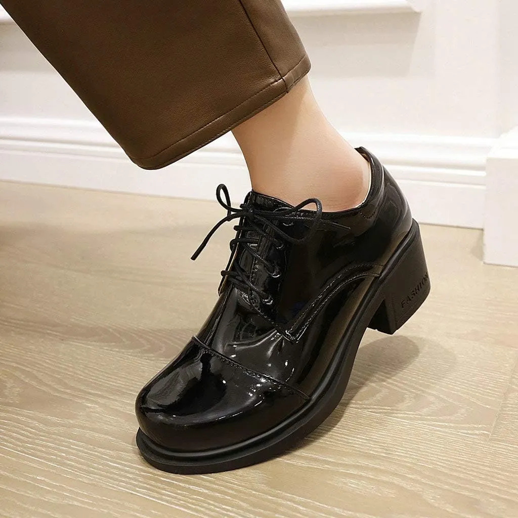 KOKOMOMO Womens Patent Leather Platform Oxfords Chunky Lace Up Pumps