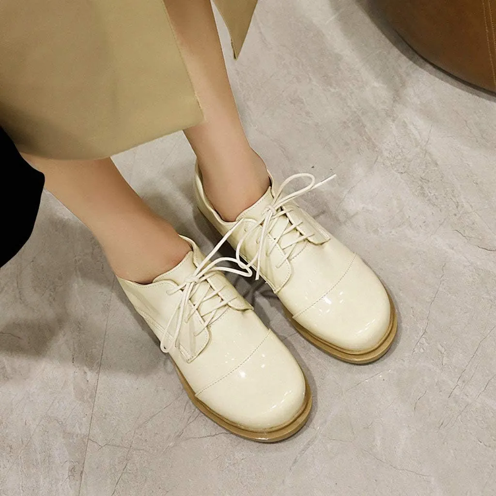 KOKOMOMO Womens Patent Leather Platform Oxfords Chunky Lace Up Pumps