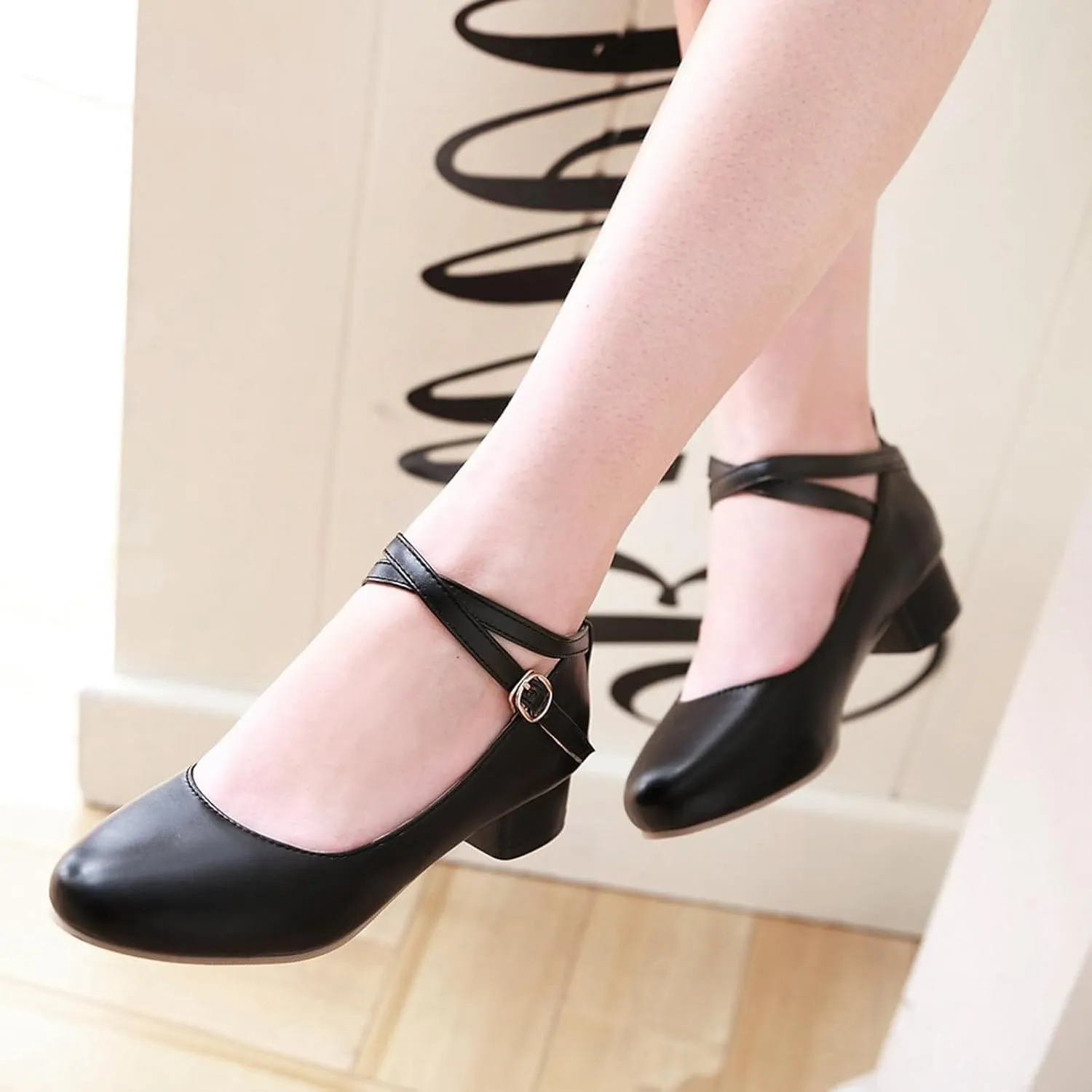 Ladies Block Low Mid Heels Closed Toe Mary Jane Pumps Bow