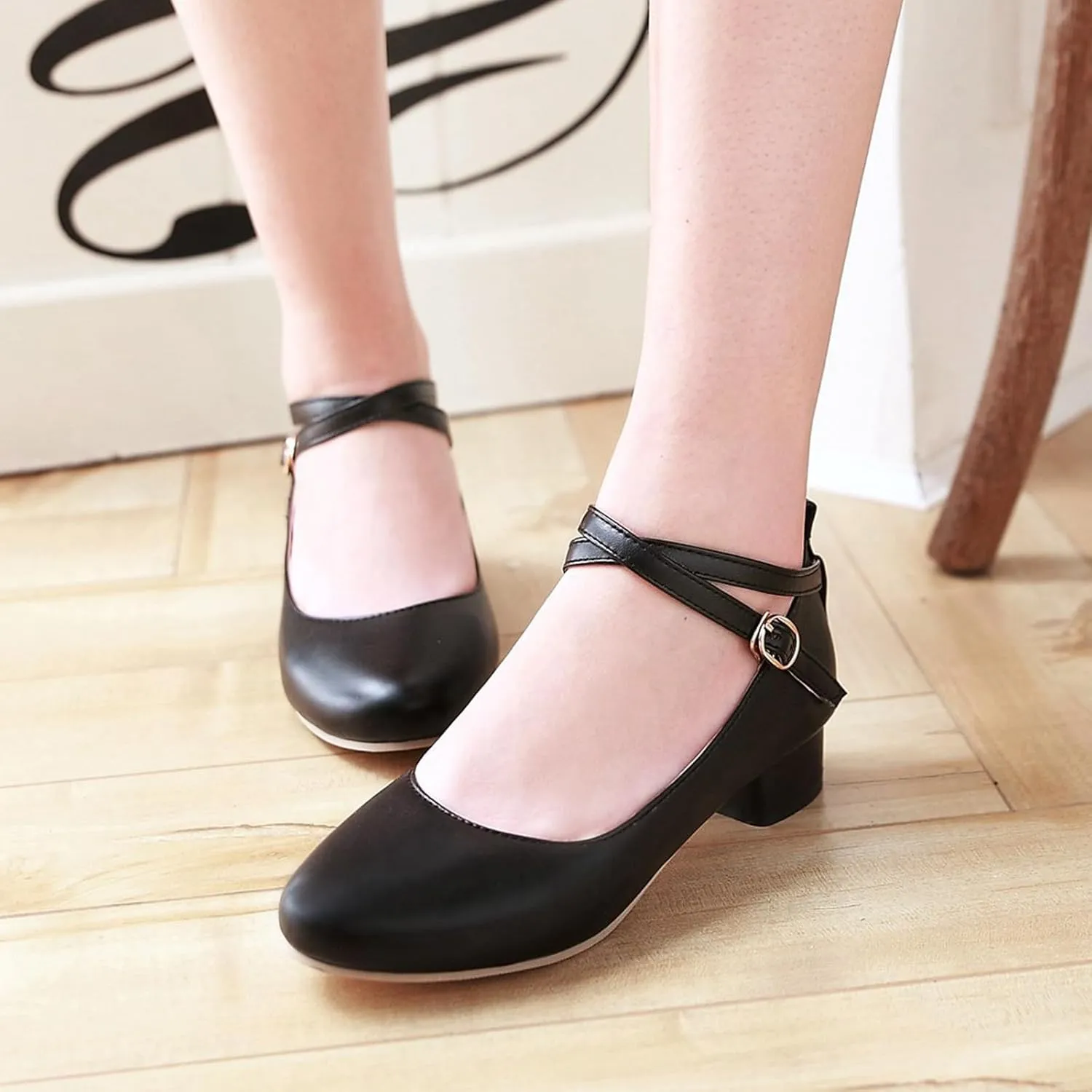 Ladies Block Low Mid Heels Closed Toe Mary Jane Pumps Bow