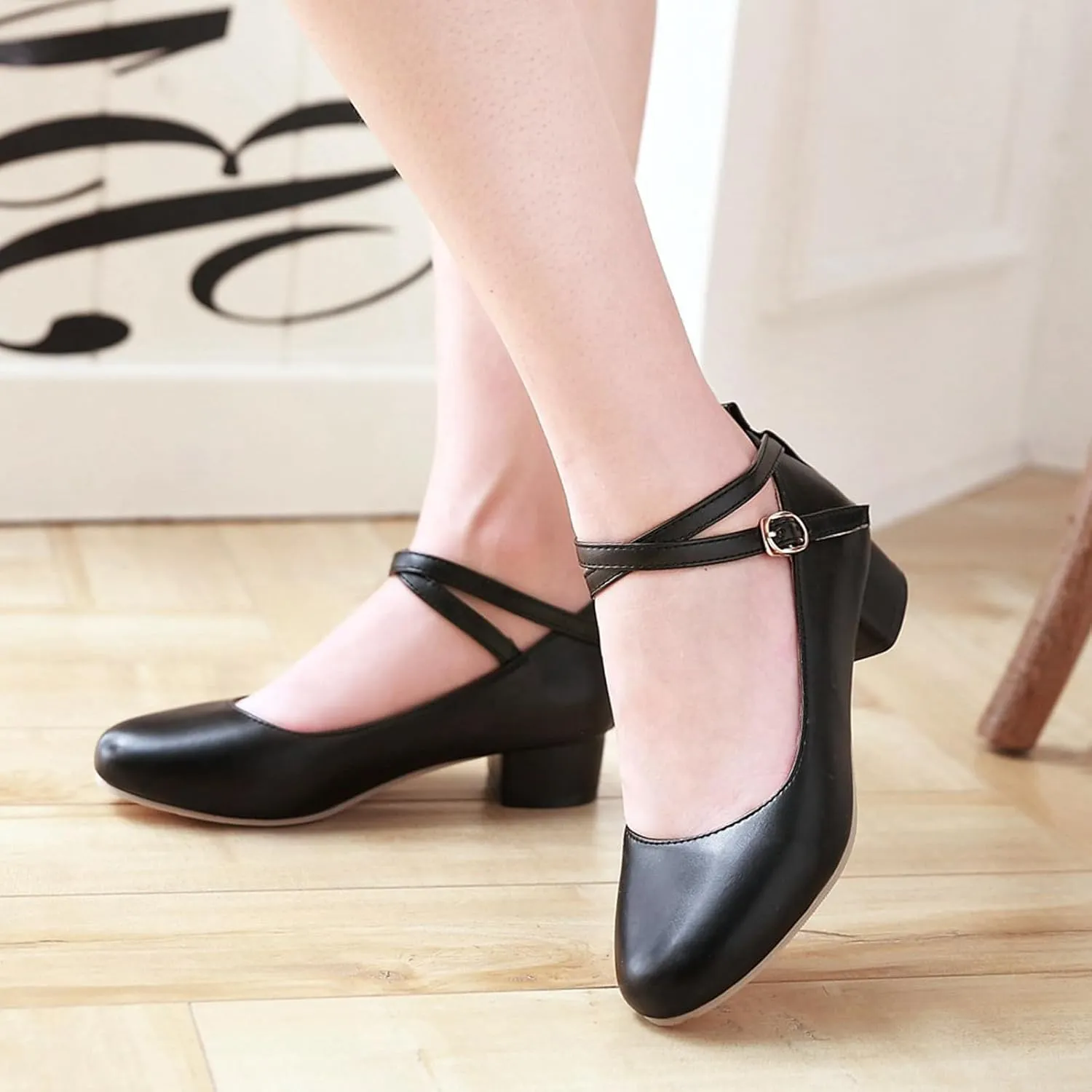 Ladies Block Low Mid Heels Closed Toe Mary Jane Pumps Bow