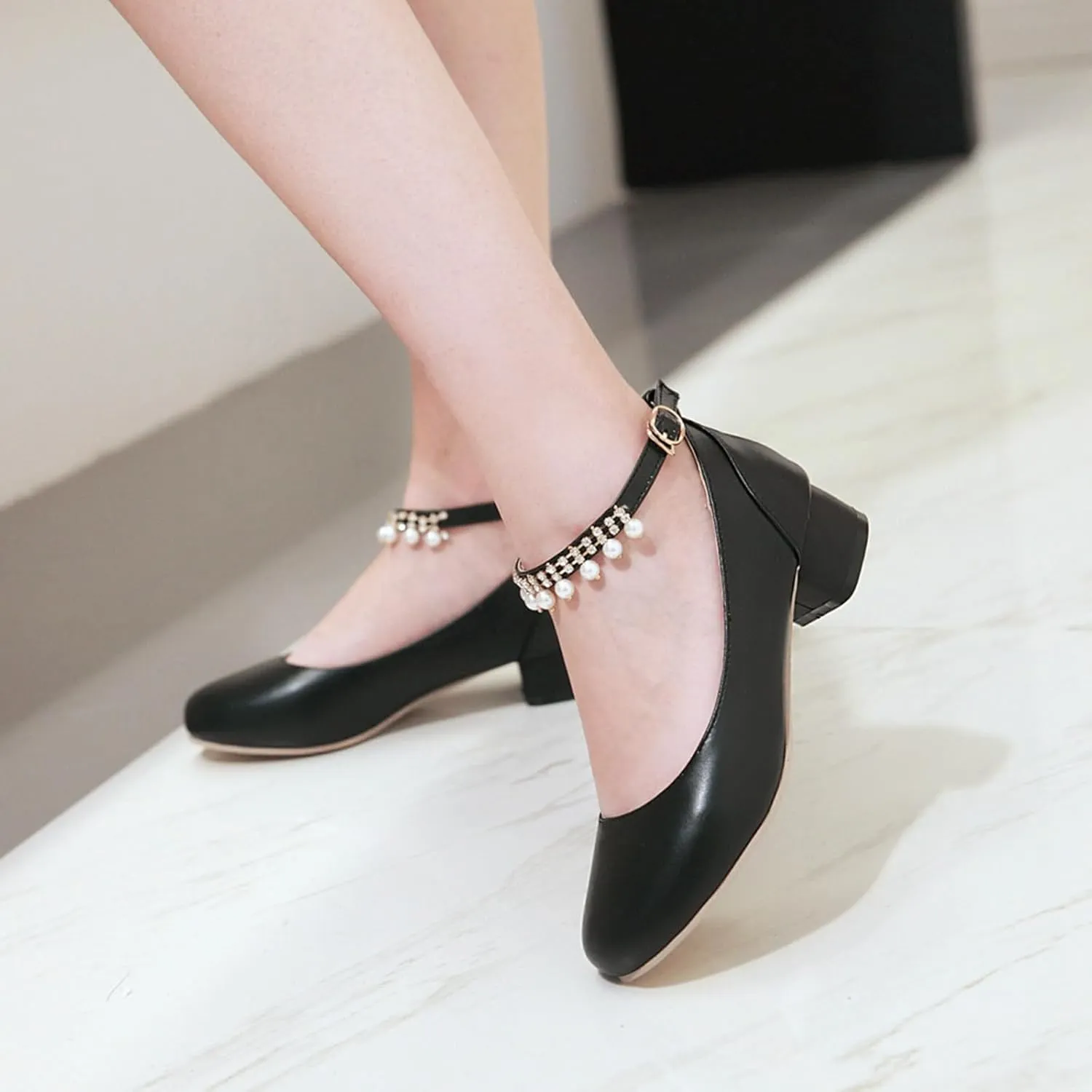 Ladies Block Low Mid Heels Closed Toe Mary Jane Pumps Bow