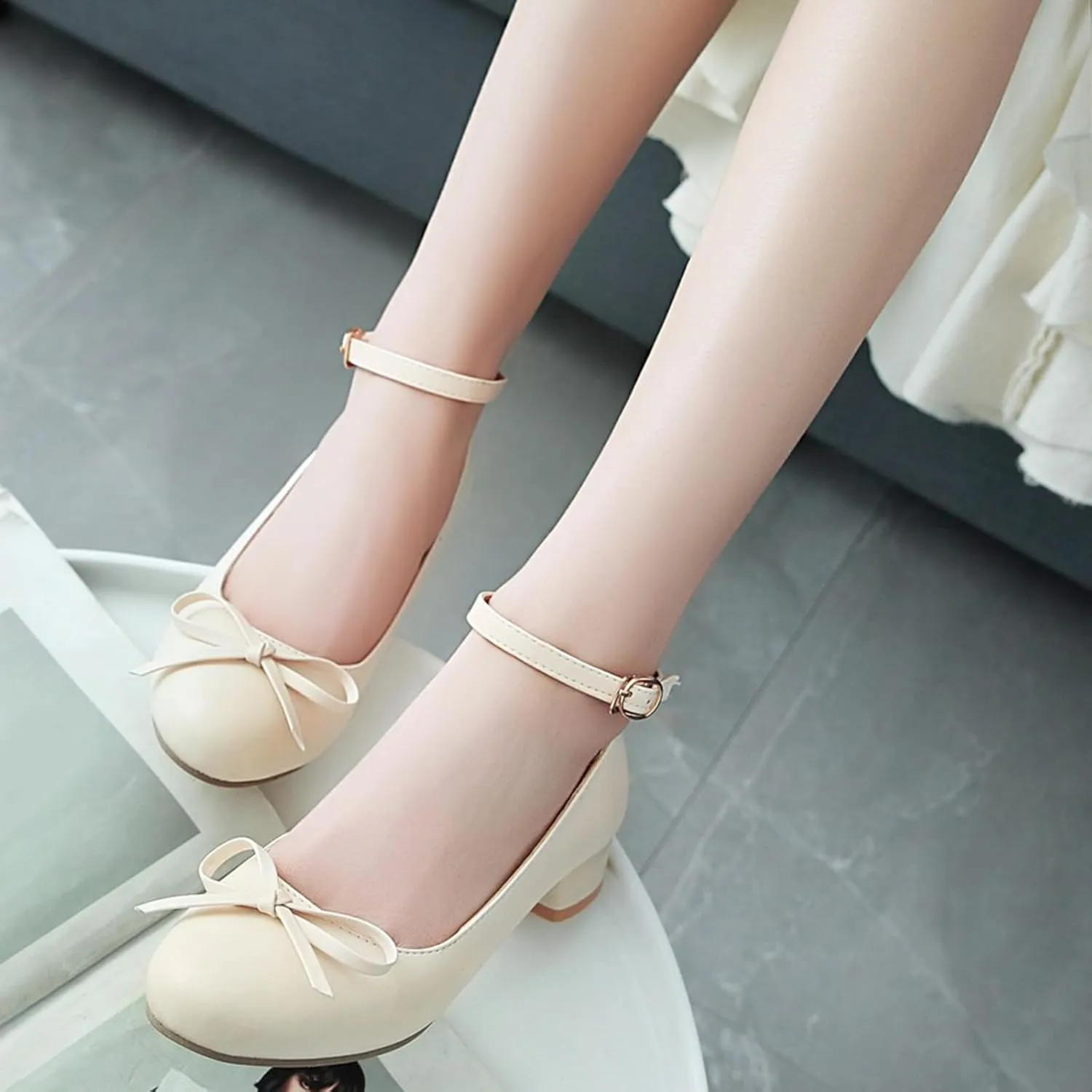 Ladies Block Low Mid Heels Closed Toe Mary Jane Pumps Bow