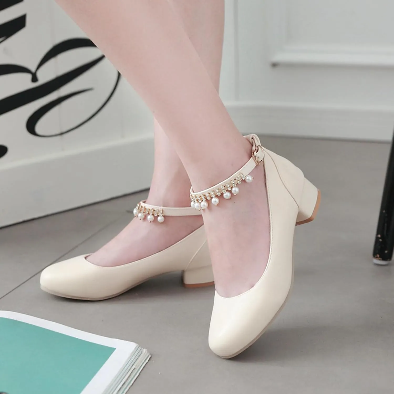 Ladies Block Low Mid Heels Closed Toe Mary Jane Pumps Bow