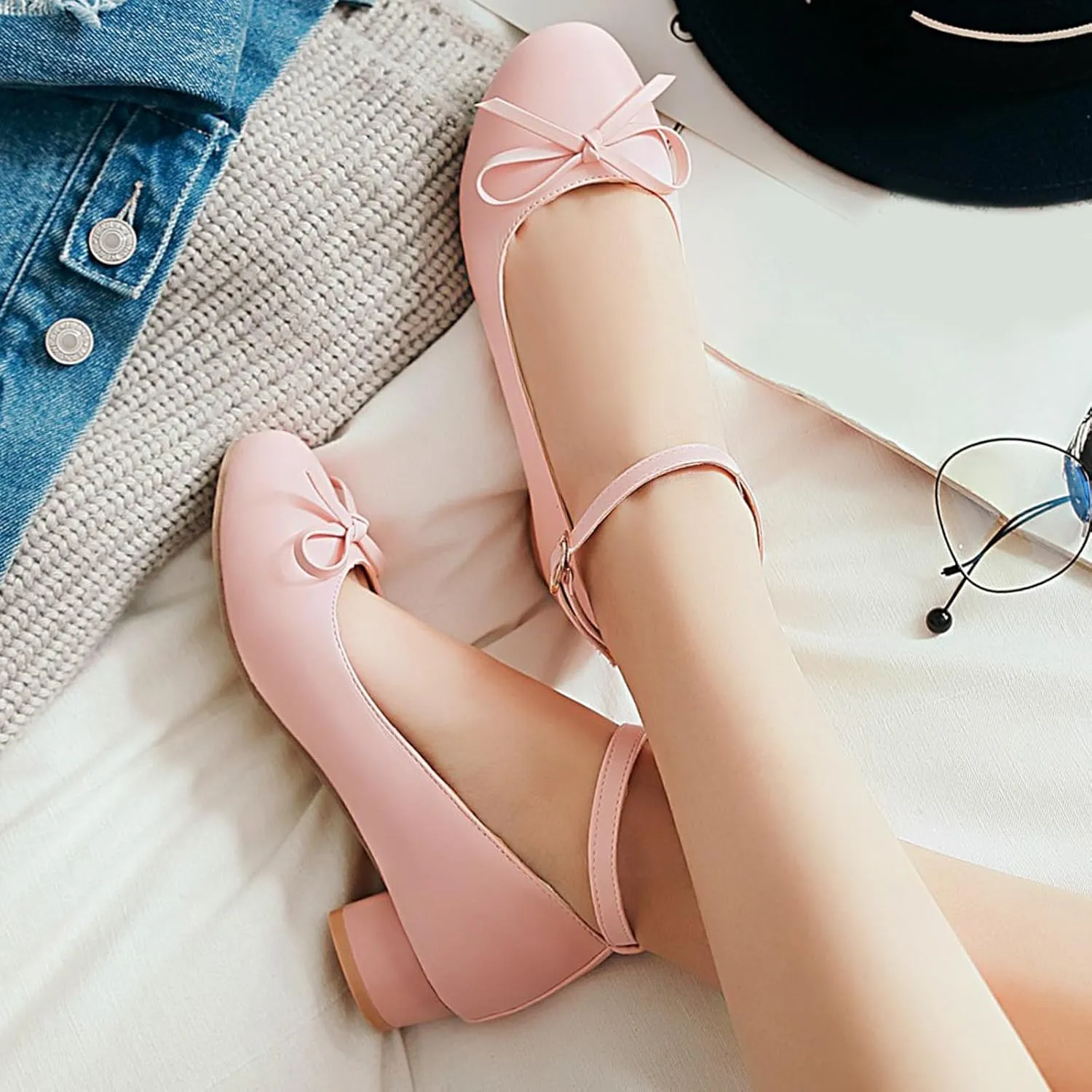 Ladies Block Low Mid Heels Closed Toe Mary Jane Pumps Bow