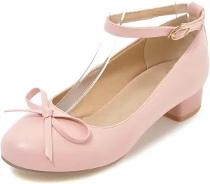 Ladies Block Low Mid Heels Closed Toe Mary Jane Pumps Bow