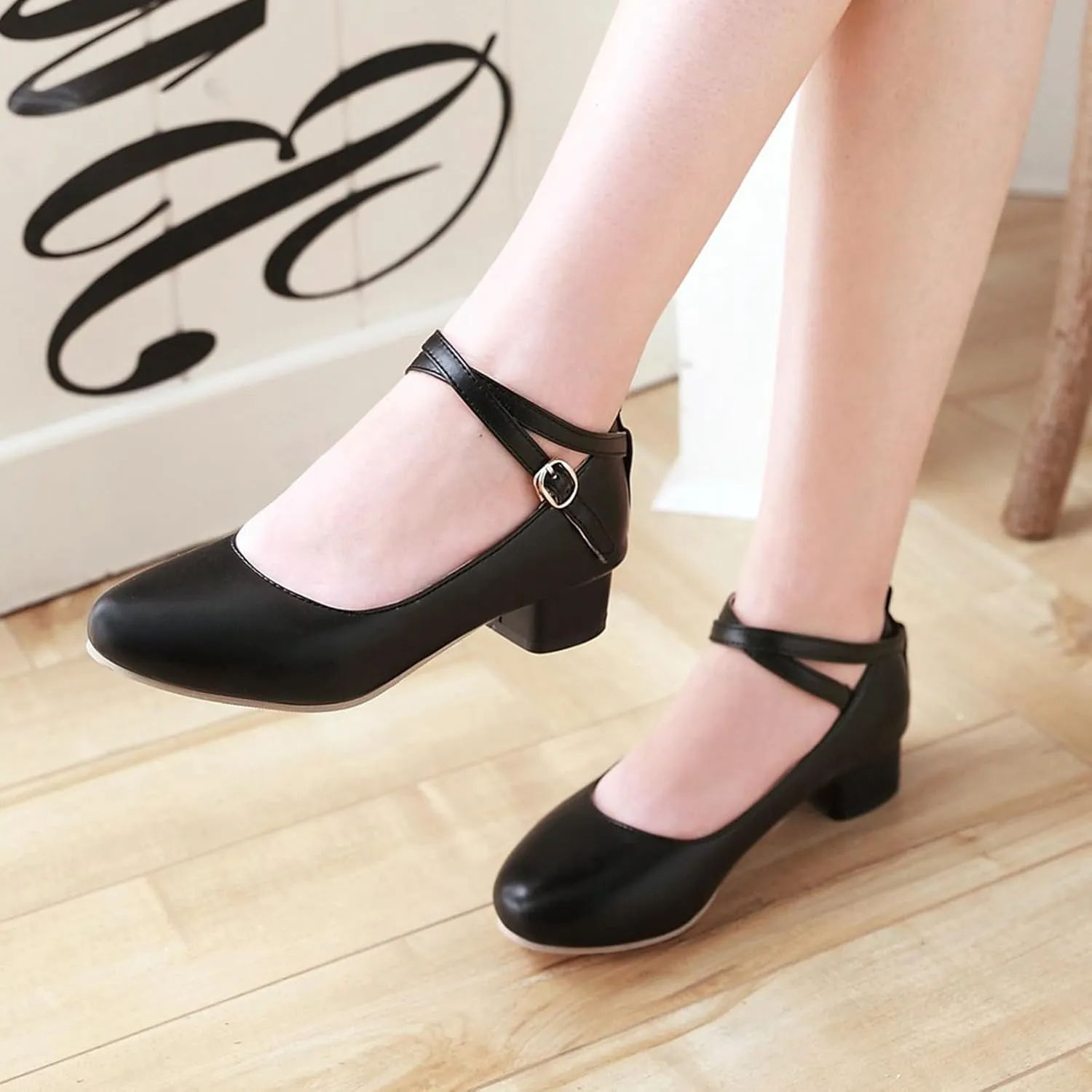 Ladies Block Low Mid Heels Closed Toe Mary Jane Pumps Bow