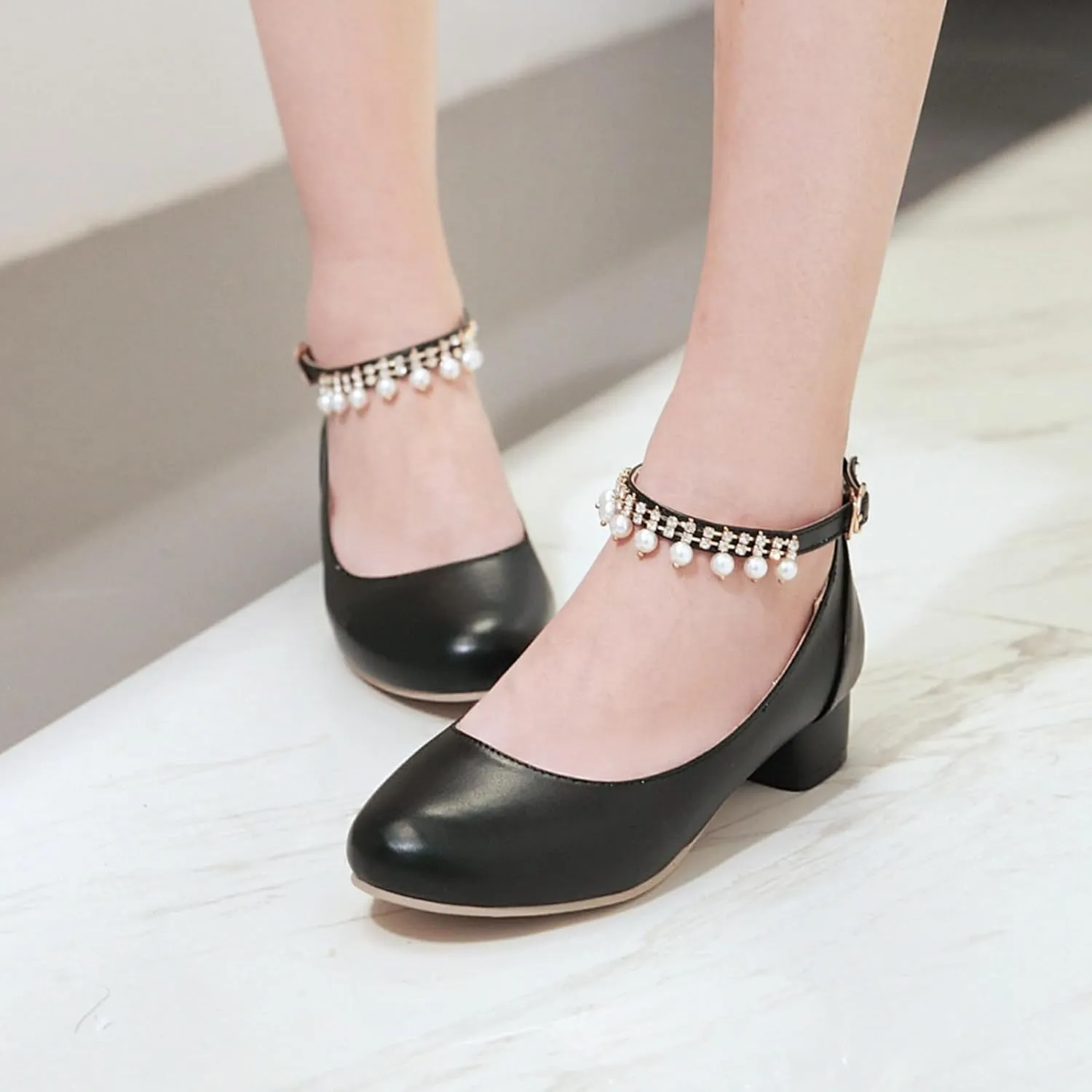 Ladies Block Low Mid Heels Closed Toe Mary Jane Pumps Bow