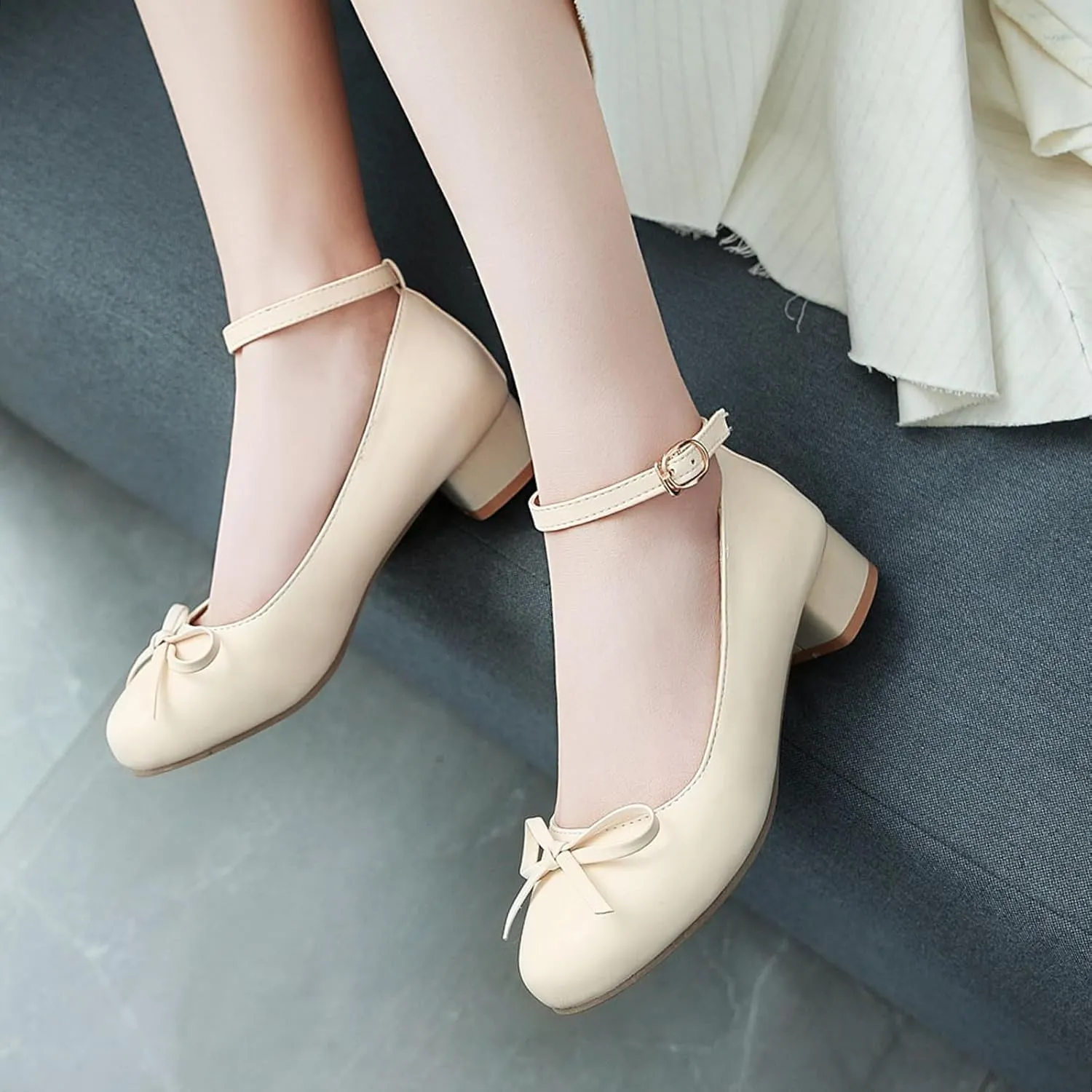 Ladies Block Low Mid Heels Closed Toe Mary Jane Pumps Bow