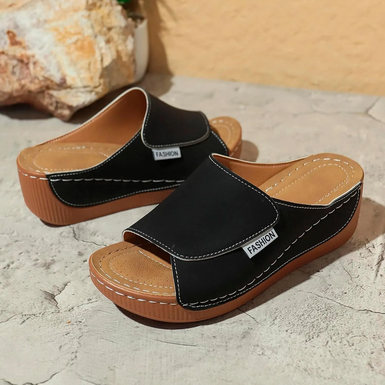 Ladies Fashion Solid Color Leather Exposed Toe Thick Sole Casual Sandals And Slippers Sandals Shoes for Women Memory Foam