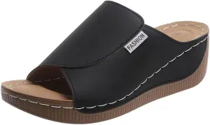 Ladies Fashion Solid Color Leather Exposed Toe Thick Sole Casual Sandals And Slippers Sandals Shoes for Women Memory Foam