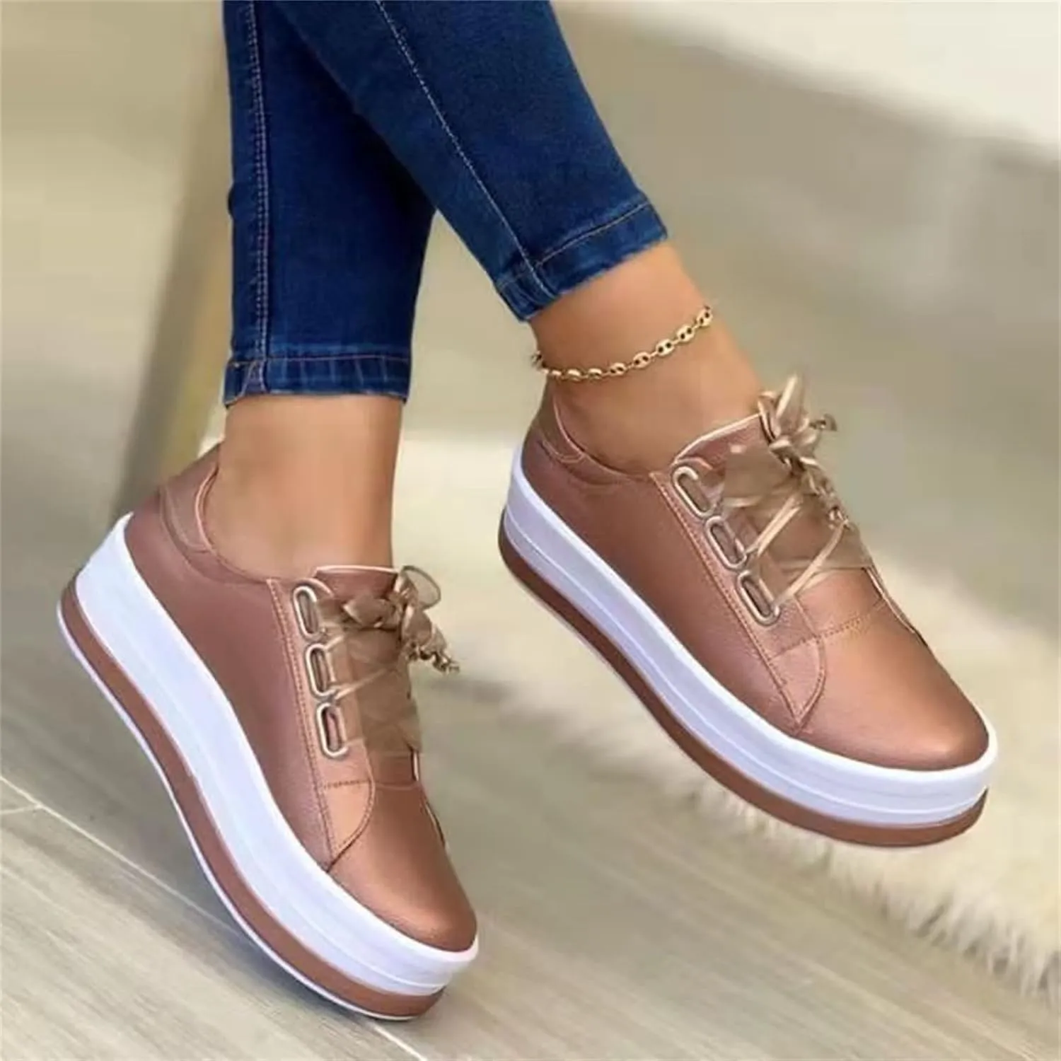 Lausiuoe Shoes for Women Sneakers Trendy Comfortable Casual Fashion Sneakers Leather Walking Shoes Slip On Flat Loafers