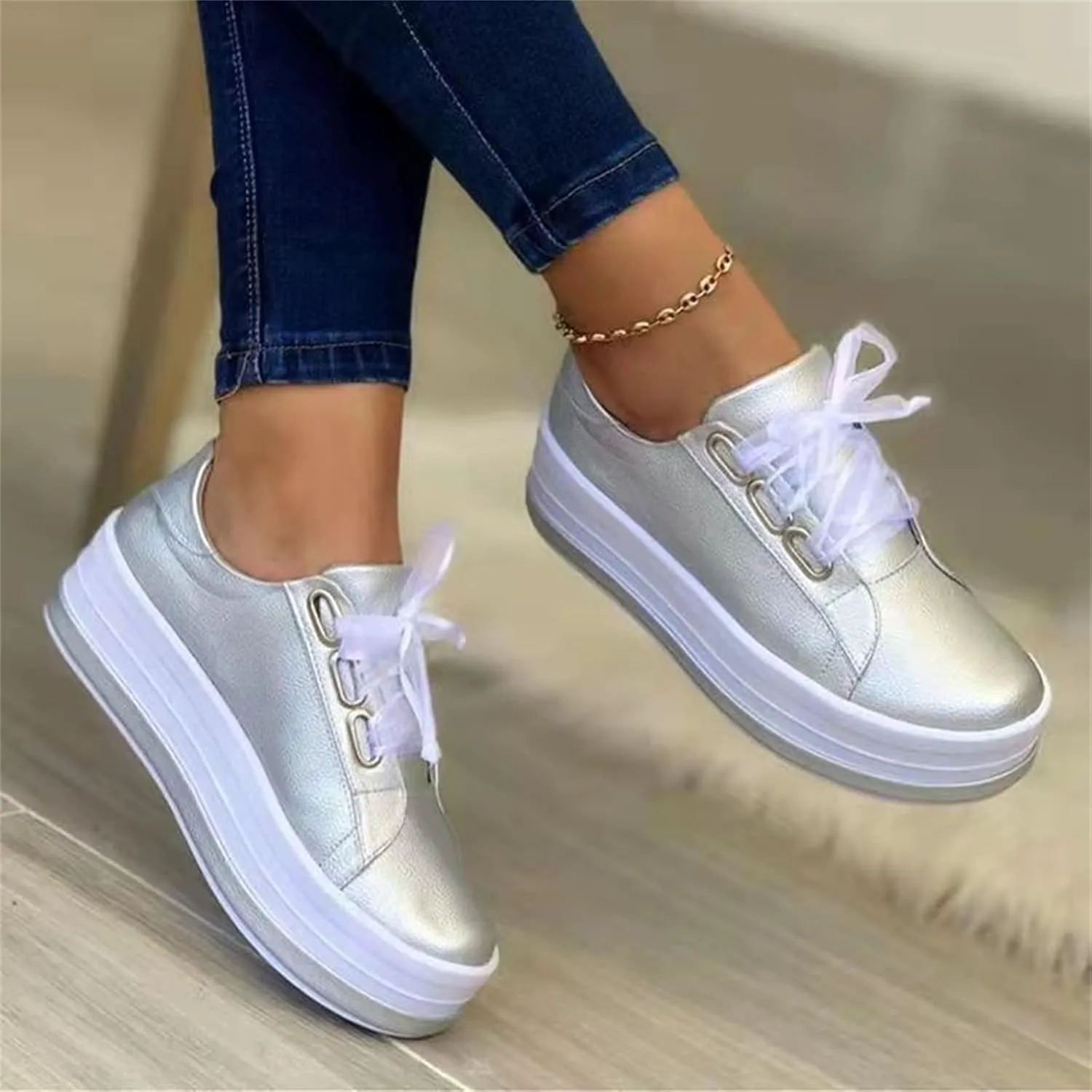 Lausiuoe Shoes for Women Sneakers Trendy Fashion Leather Flat Shoes Casual Comfortable Walking Slip On Sneakers Loafers