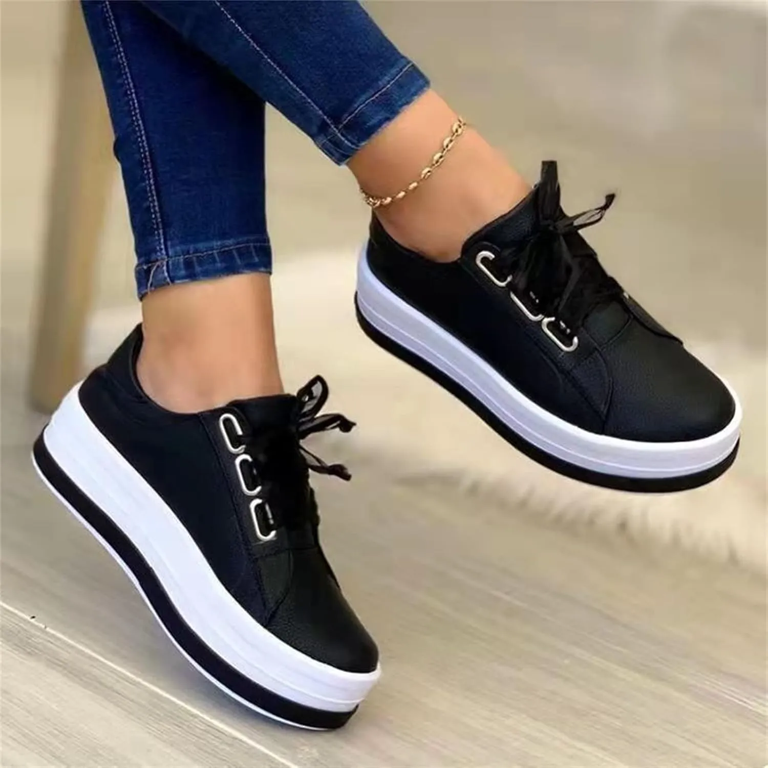 Lausiuoe Shoes for Women Sneakers Trendy Slip On Loafers Shoes Fashion Leather Sneakers Casual Comfortable Flat Walking Shoes
