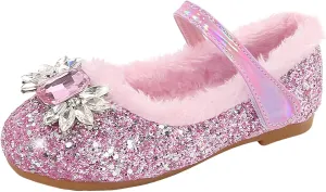 Little Girl's Sparkle Princess Party Shoes Adorable Plush Fleece Lined Mary Jane Flats Girls Dress Shoes Winter Shoes