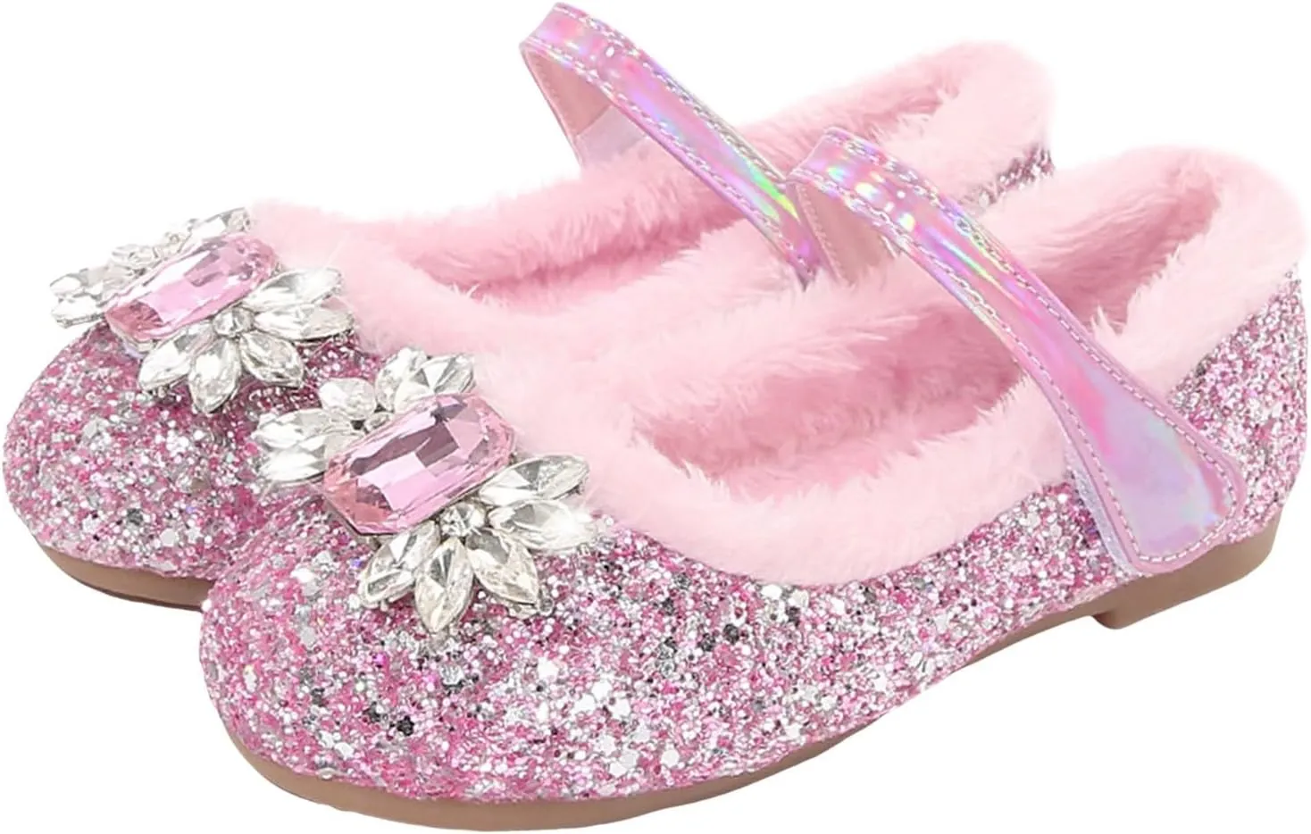 Little Girl's Sparkle Princess Party Shoes Adorable Plush Fleece Lined Mary Jane Flats Girls Dress Shoes Winter Shoes
