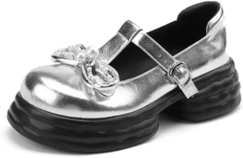 Loafers for Women Women’s Chunky Mid Heels with Sweet Bowtie and Beads for Cosplay, Dating, and Daily Wear in Autumn
