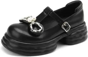 Loafers for Women Women’s Chunky Mid Heels with Sweet Bowtie and Beads for Cosplay, Dating, and Daily Wear in Autumn