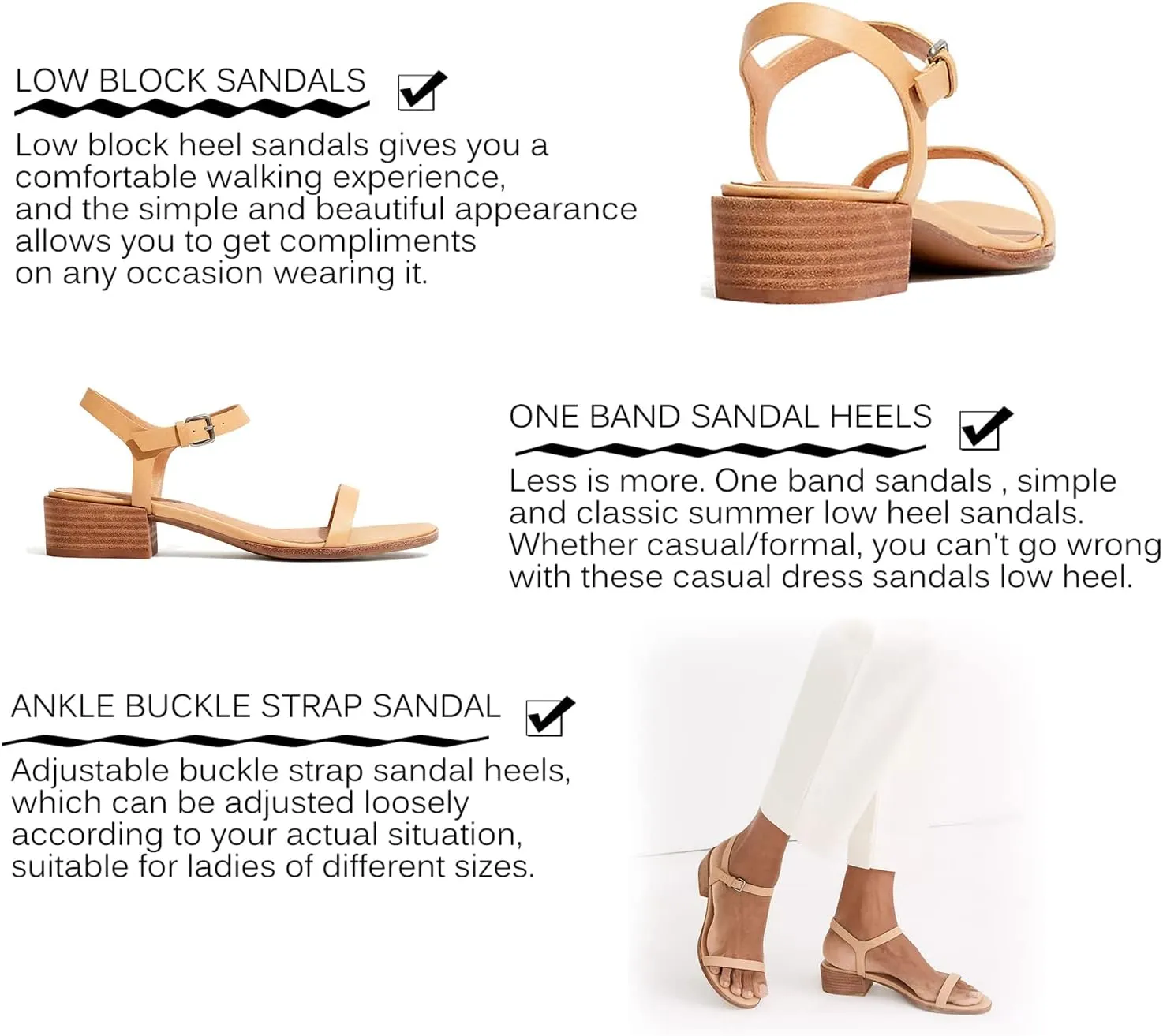 MOOMMO Women Low Block Heel Sandals Ankle Strap Round Toe Sandal Heels One Band Mid Chunky Heel Summer Dress Shoes Comfortable Office Work Casual Buckle Sandal Pumps Size 4-11 M US