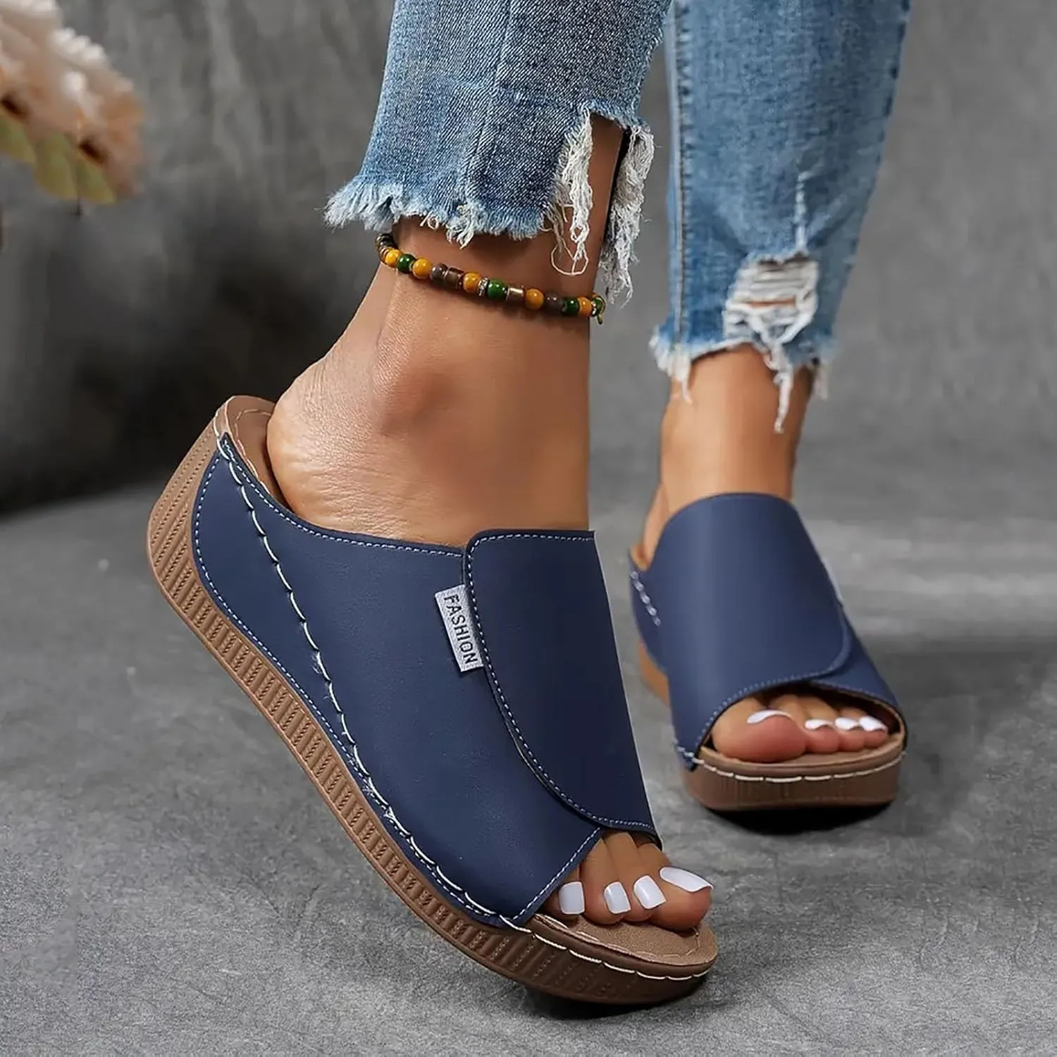 Orthopedic Sandals for Women, Comfortable Arch Support Slides Slip on Dressy Summer Fashion Orthotic Slides Leather Platform Wedge Sandals Ladies Lightweight Thick Cushion Slippers