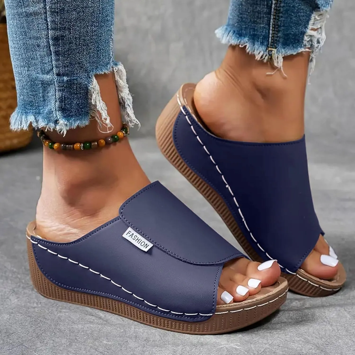 Orthopedic Sandals for Women, Comfortable Arch Support Slides Slip on Dressy Summer Fashion Orthotic Slides Leather Platform Wedge Sandals Ladies Lightweight Thick Cushion Slippers