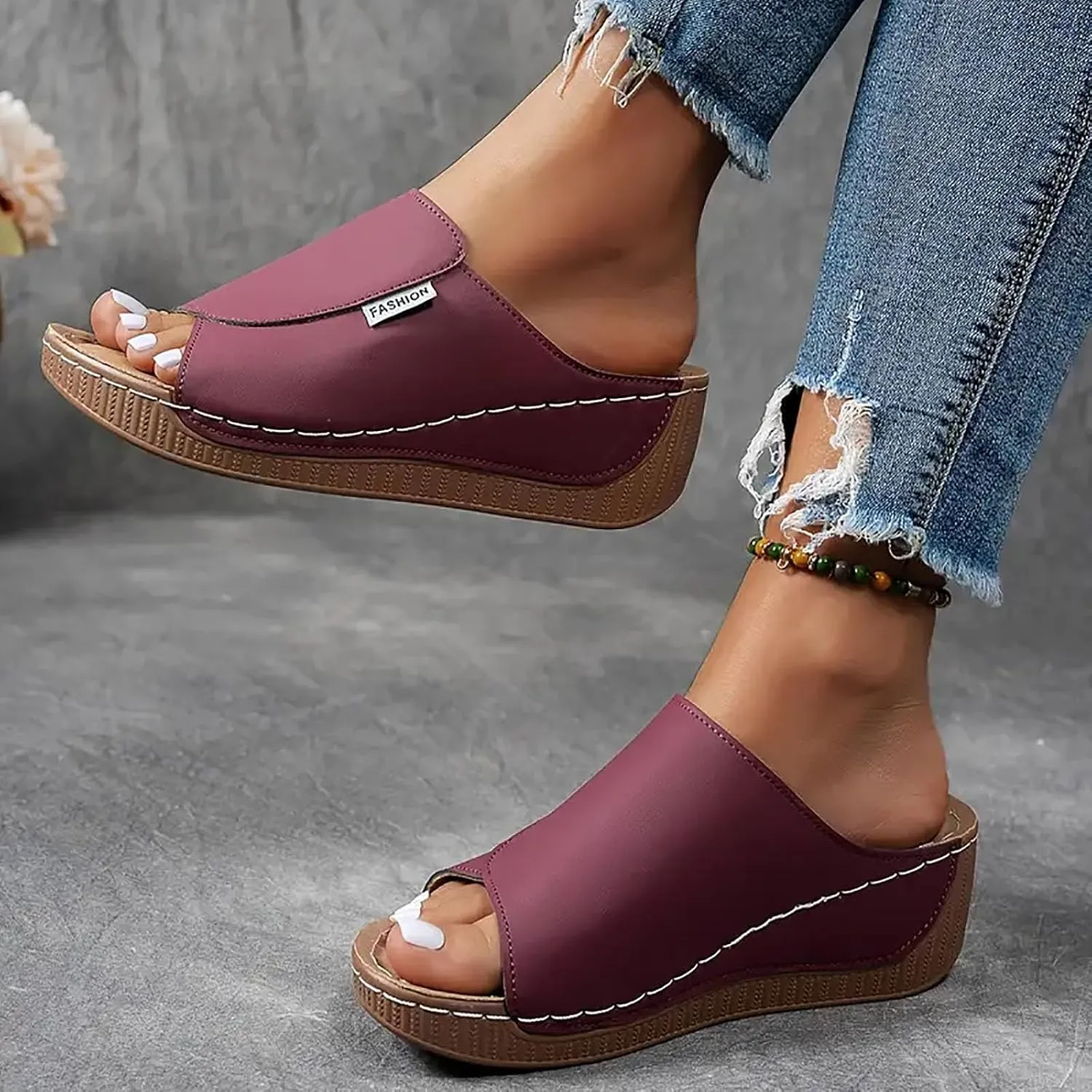 Orthopedic Sandals for Women, Comfortable Arch Support Slides Slip on Dressy Summer Fashion Orthotic Slides Leather Platform Wedge Sandals Ladies Lightweight Thick Cushion Slippers