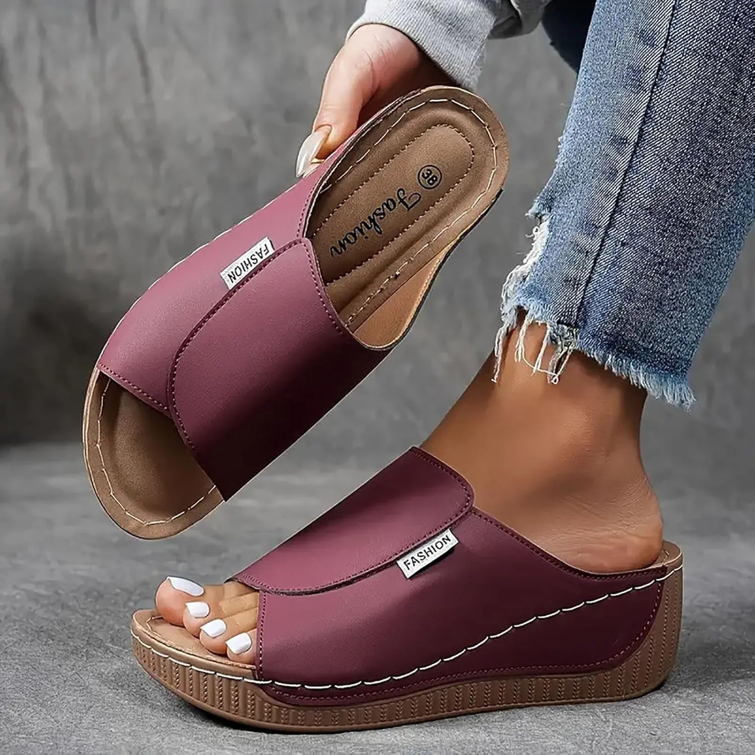 Orthopedic Sandals for Women, Comfortable Arch Support Slides Slip on Dressy Summer Fashion Orthotic Slides Leather Platform Wedge Sandals Ladies Lightweight Thick Cushion Slippers