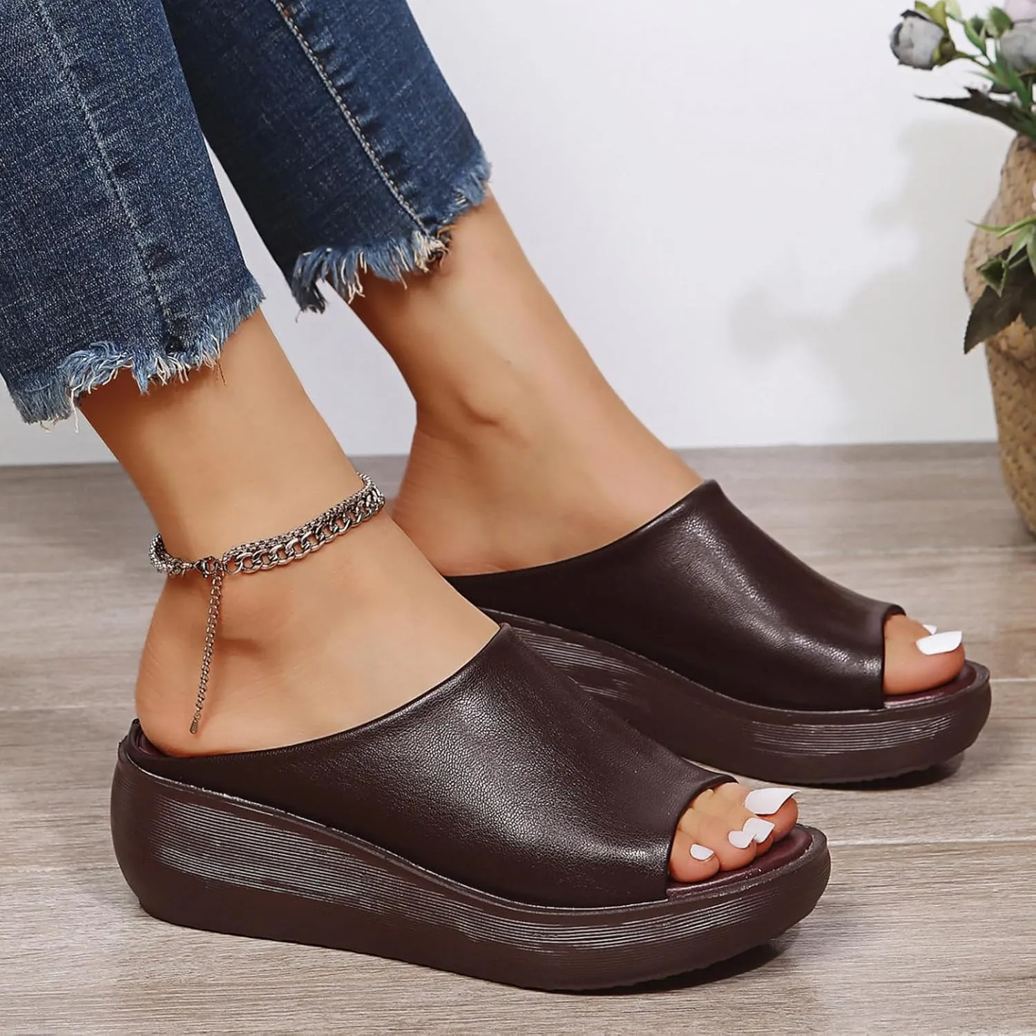 Orthopedic Sandals for Women Orthotic Leather Wedges Slides Damping Sole Upgradation Stretch Lightweight Sandals Slides Arch and Heel Support Platform Comfortable Walking Shoes