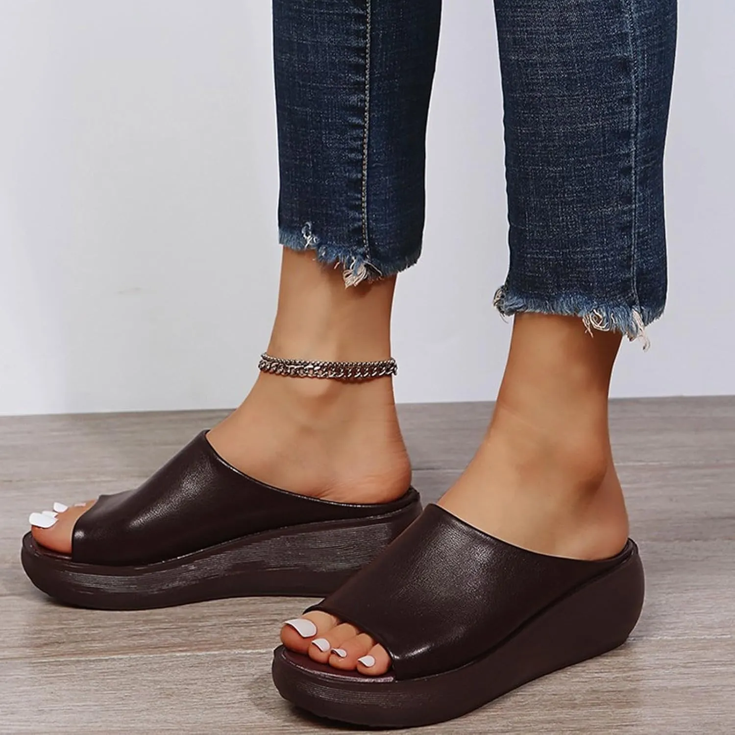 Orthopedic Sandals for Women Orthotic Leather Wedges Slides Damping Sole Upgradation Stretch Lightweight Sandals Slides Arch and Heel Support Platform Comfortable Walking Shoes