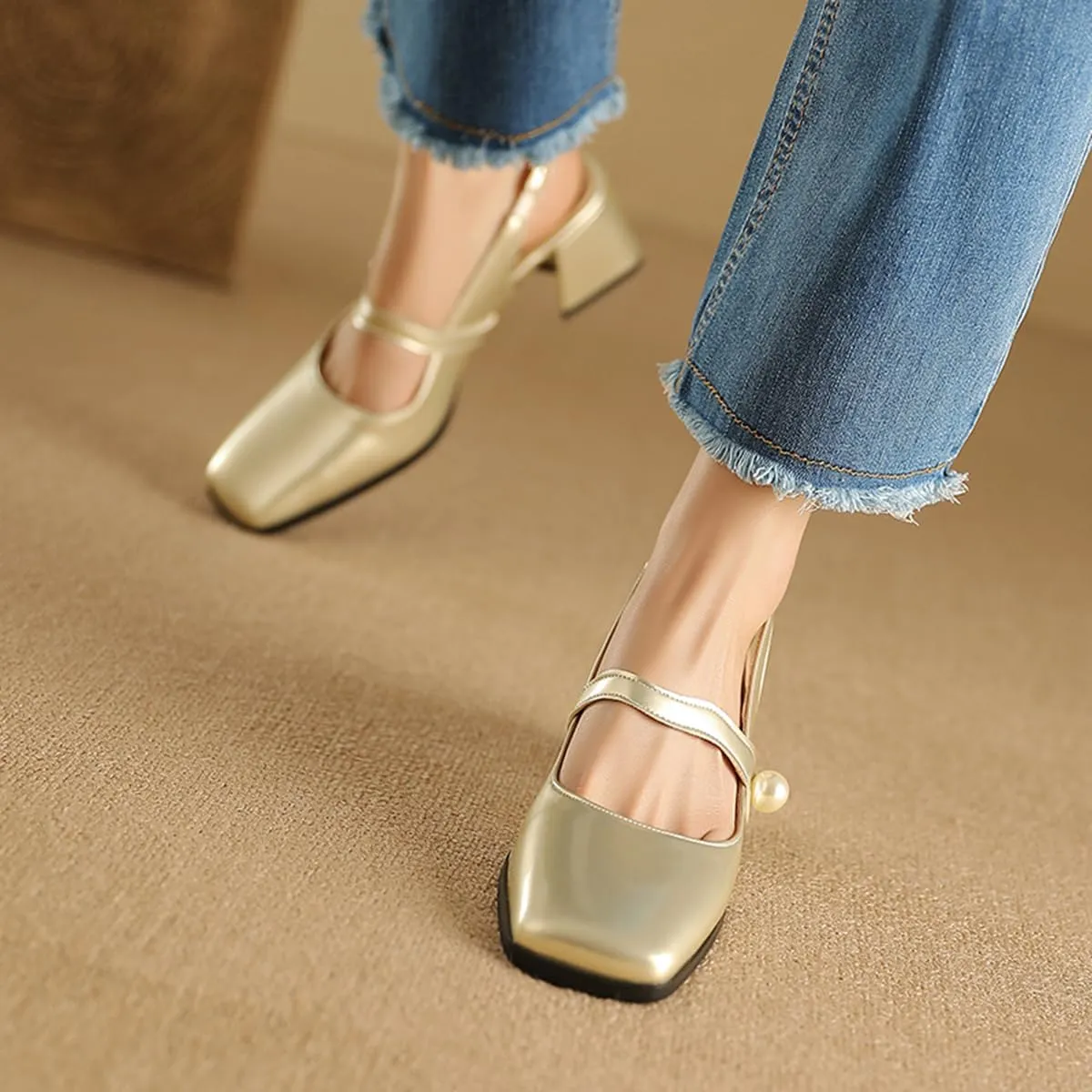 Roimaash Sweet Mid Heels Mary Janes for Women Square Toe Dressy Pumps