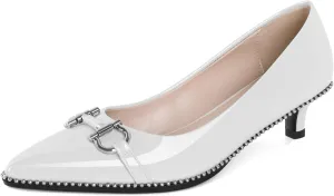 SAMMITOP Women Kitten Heel Pumps Pointed Toe Low Heels Slip On Silver Beaded Metal Buckle Wedding Party Dress Shoes 1.5 Inch