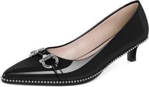 SAMMITOP Women Kitten Heel Pumps Pointed Toe Low Heels Slip On Silver Beaded Metal Buckle Wedding Party Dress Shoes 1.5 Inch