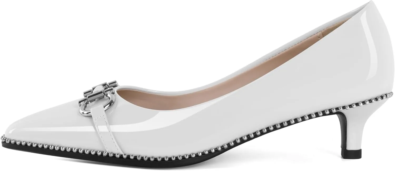 SAMMITOP Women Kitten Heel Pumps Pointed Toe Low Heels Slip On Silver Beaded Metal Buckle Wedding Party Dress Shoes 1.5 Inch