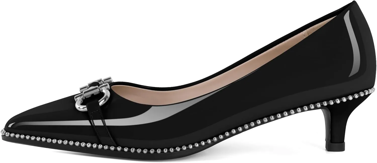 SAMMITOP Women Kitten Heel Pumps Pointed Toe Low Heels Slip On Silver Beaded Metal Buckle Wedding Party Dress Shoes 1.5 Inch