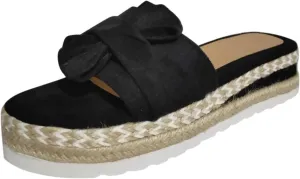Sandals for Women Flat Wide Glitter Flat Flip-Flops Cork Sole Canvas Summer Cute Knot Bow Ladies Slides Slip-on Comfortable Gladiator Sandals Beach Slippers