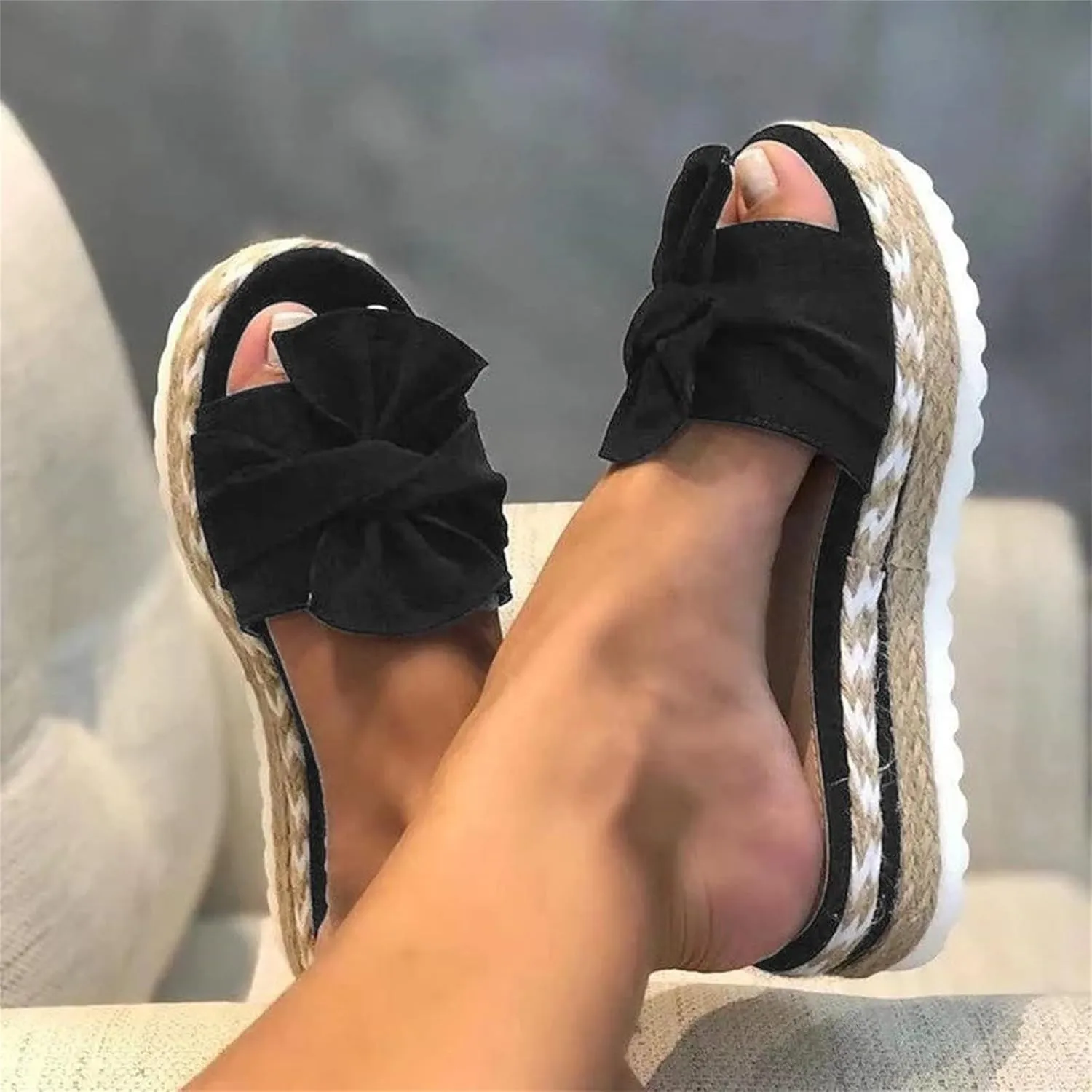 Sandals for Women Flat Wide Glitter Flat Flip-Flops Cork Sole Canvas Summer Cute Knot Bow Ladies Slides Slip-on Comfortable Gladiator Sandals Beach Slippers