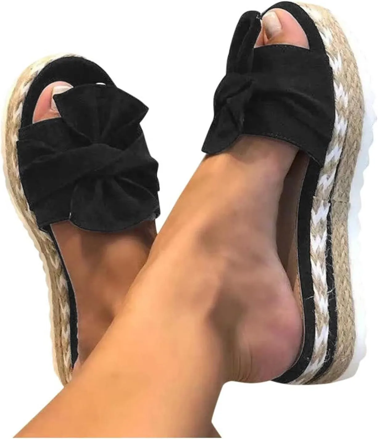 Sandals for Women Flat Wide Glitter Flat Flip-Flops Cork Sole Canvas Summer Cute Knot Bow Ladies Slides Slip-on Comfortable Gladiator Sandals Beach Slippers