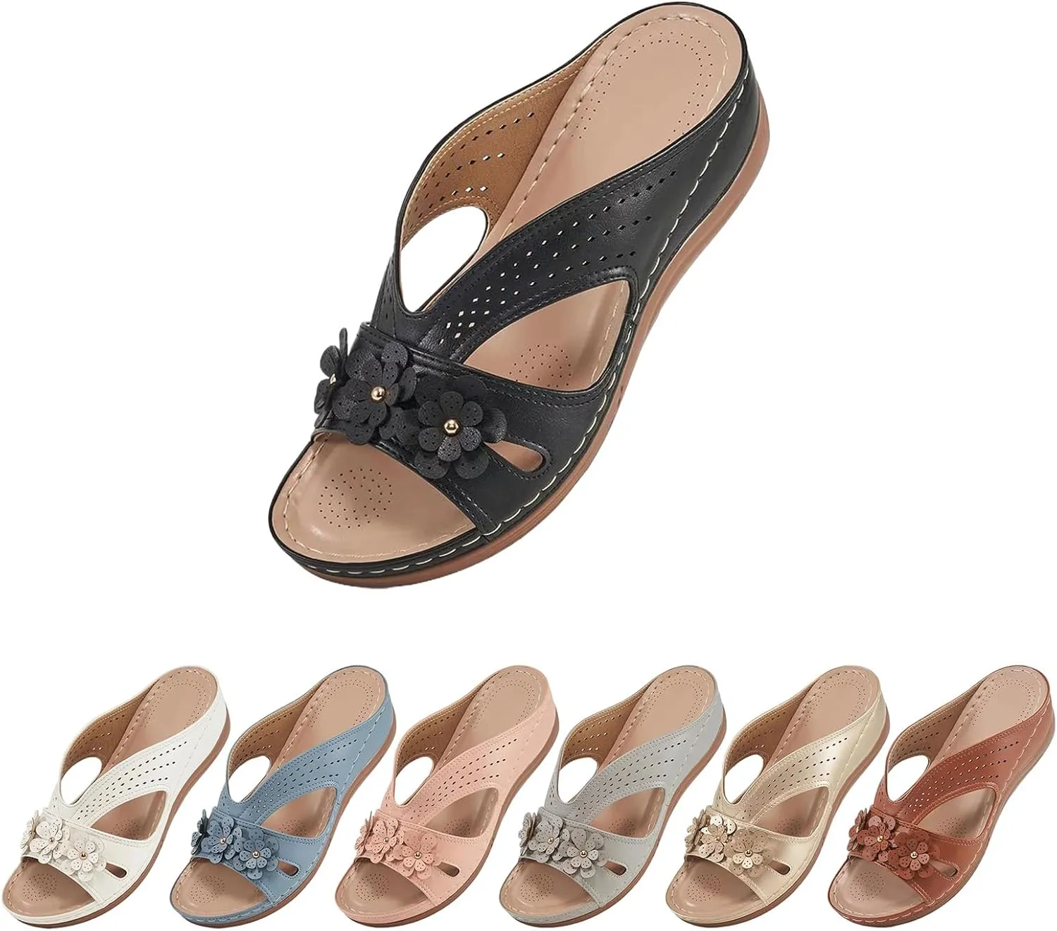 Sandals for Women Slip On Dressy Summer Sandal Comfortable Walking Slides Lightweight Memory Foam Slippers Casual Platform Sandals Orthopedic Wedge Shoes Arch Support Slipper with Flowers
