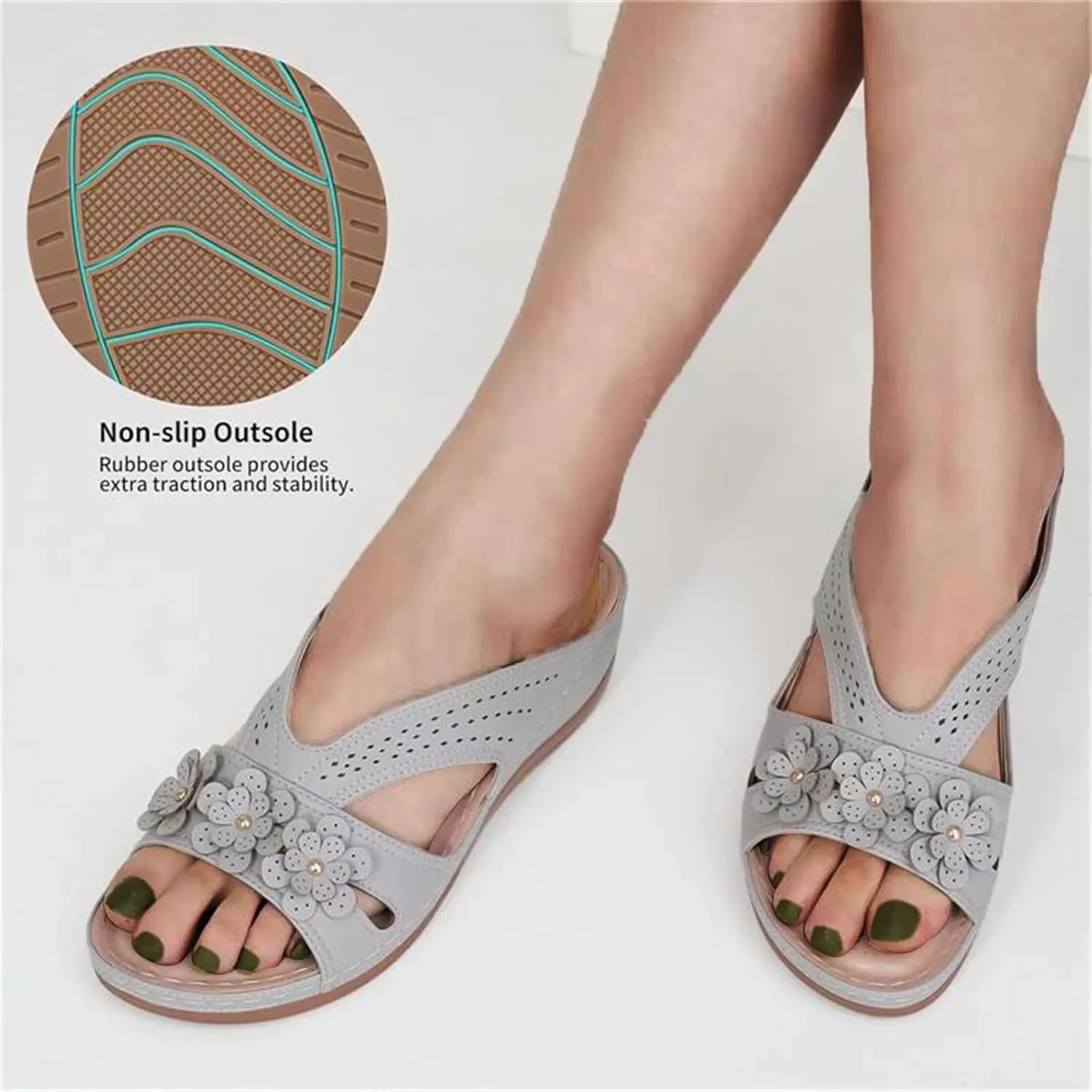 Sandals for Women Slip On Dressy Summer Sandal Comfortable Walking Slides Lightweight Memory Foam Slippers Casual Platform Sandals Orthopedic Wedge Shoes Arch Support Slipper with Flowers