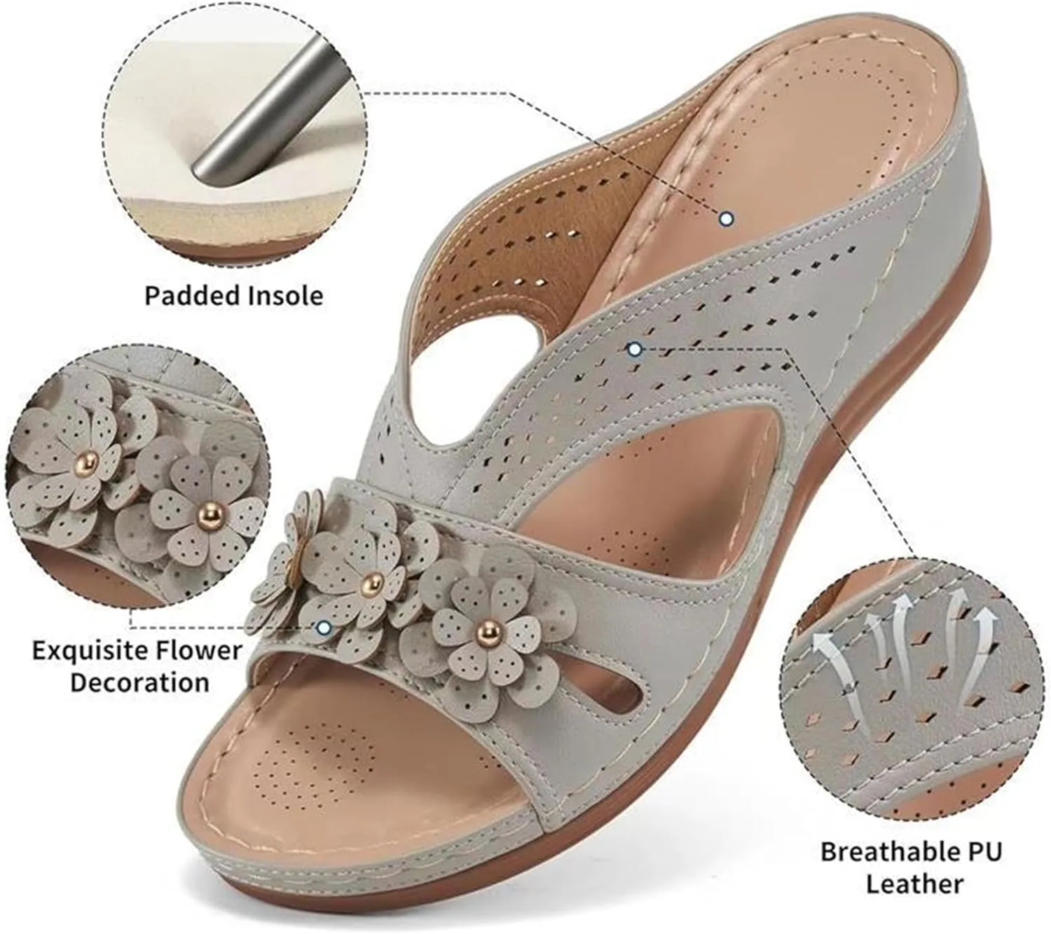 Sandals for Women Slip On Dressy Summer Sandal Comfortable Walking Slides Lightweight Memory Foam Slippers Casual Platform Sandals Orthopedic Wedge Shoes Arch Support Slipper with Flowers