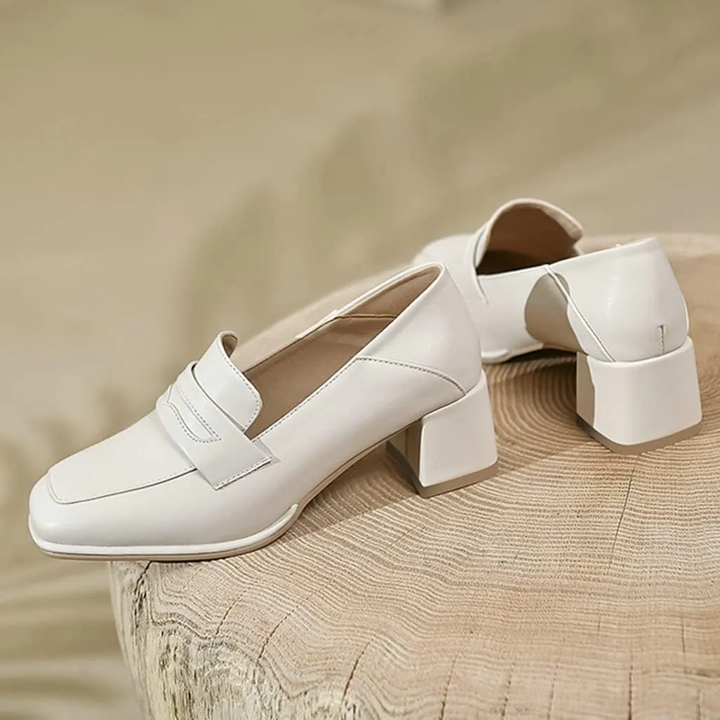 Shinelly Women Chunky Loafers Square Toe Block Heel Pumps Mid Heels