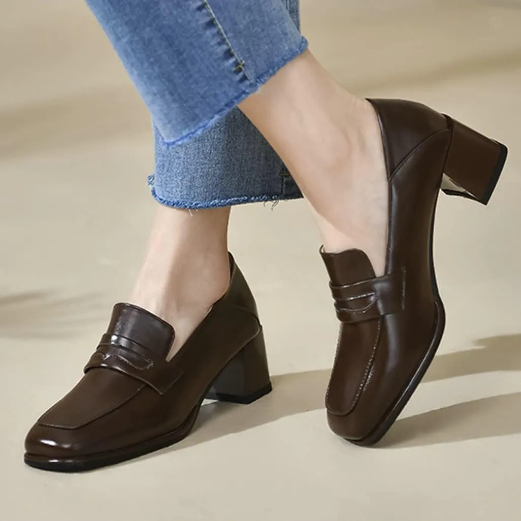 Shinelly Women Chunky Loafers Square Toe Block Heel Pumps Mid Heels