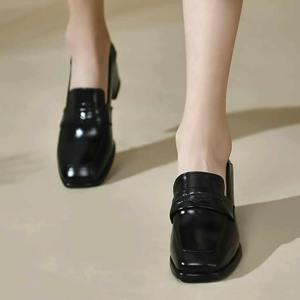 Shinelly Women Chunky Loafers Square Toe Block Heel Pumps Mid Heels