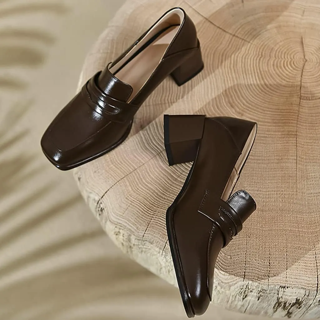 Shinelly Women Chunky Loafers Square Toe Block Heel Pumps Mid Heels