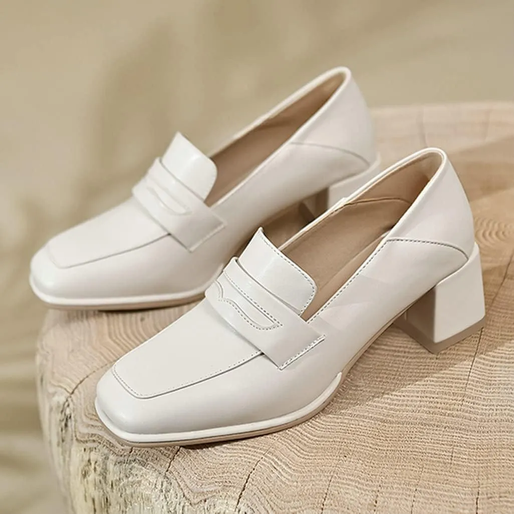 Shinelly Women Chunky Loafers Square Toe Block Heel Pumps Mid Heels