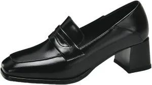 Shinelly Women Chunky Loafers Square Toe Block Heel Pumps Mid Heels
