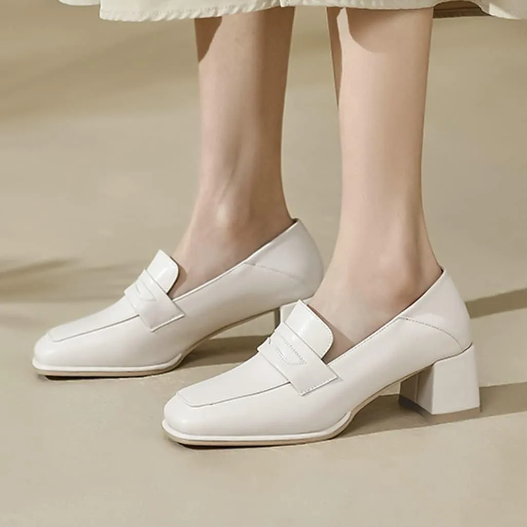 Shinelly Women Chunky Loafers Square Toe Block Heel Pumps Mid Heels
